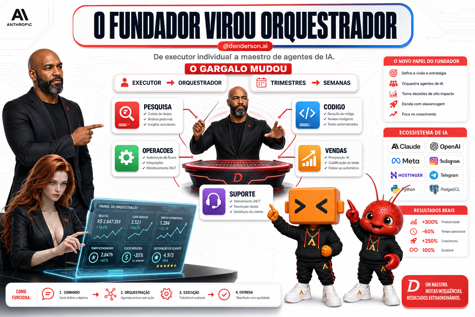 Infografico: o fundador como orquestrador regendo agentes de IA